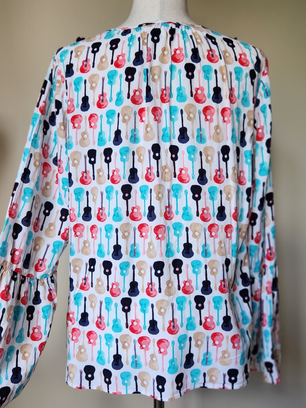 Guitar Print Tassel Pom Pom Blouse Bell Sleeve Boho Music Teacher Top Peasant L - Picture 5 of 12